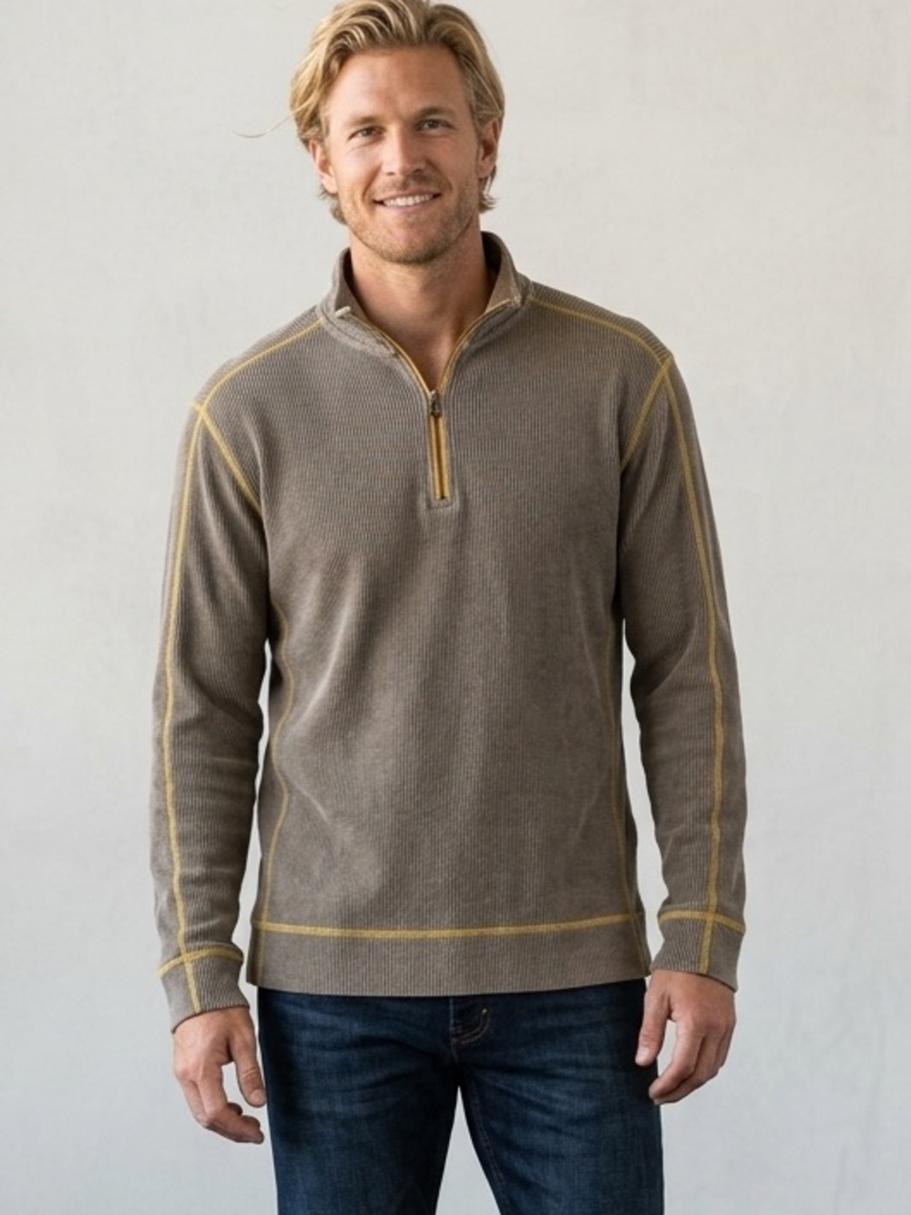 RuffHewn Well-Worn Mens XL Quarter Zip Ribbed Cotton Pullover Olive Brown Yellow